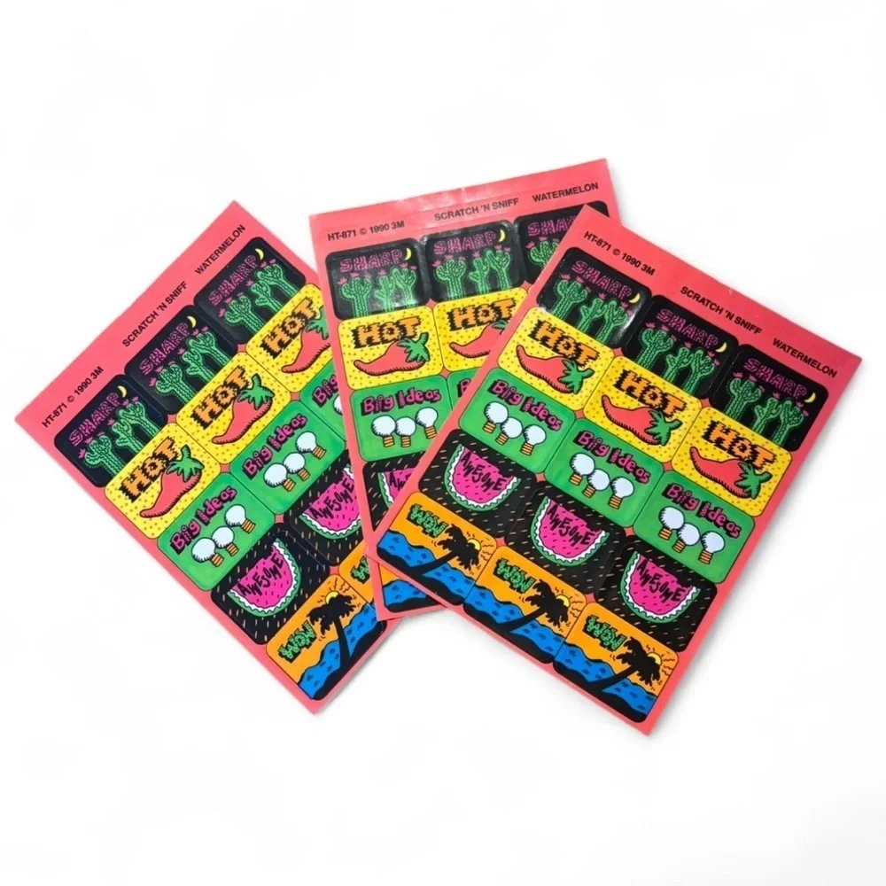 Vintage 90s 3M Scratch and Sniff Stickers Watermelon Neon Beach Cactus Lot of 3
